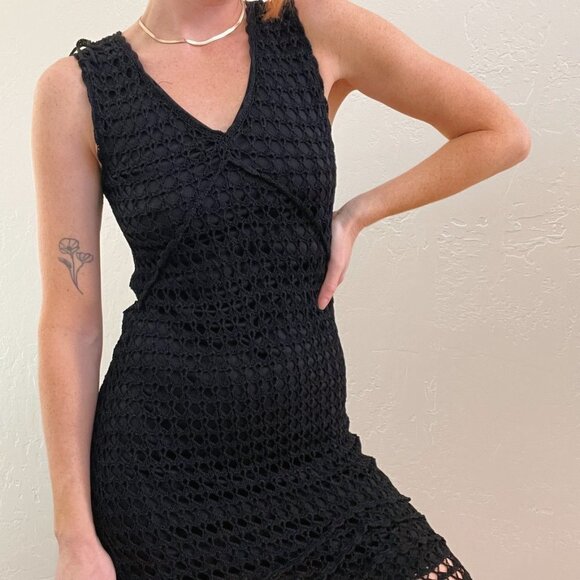 Y2K Style Kroshetta By Papillon Black Crochet Beach Vacation Midi Dress - Picture 2 of 7